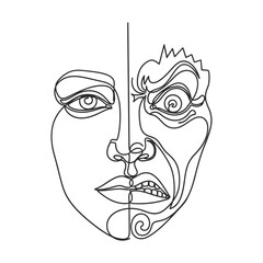 Expressive line art face showcasing emotional duality and modern minimalist design, perfect for artistic projects or conveying complex feelings with abstract style