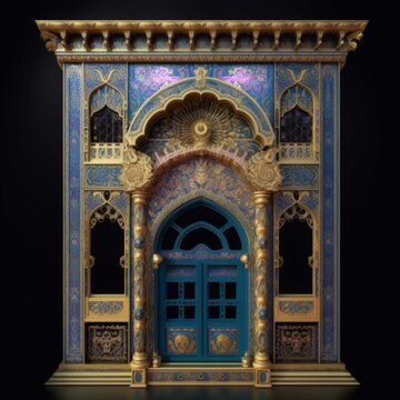 Door Design Indian and Arabic Style Blue Golden Color Black Background Minimalist LED Wall VJ Created with Generative AI Technology	