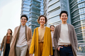 Friendly collective in smart casual attire walking city promenade, low-angle perspective highlighting team chemistry and approachability