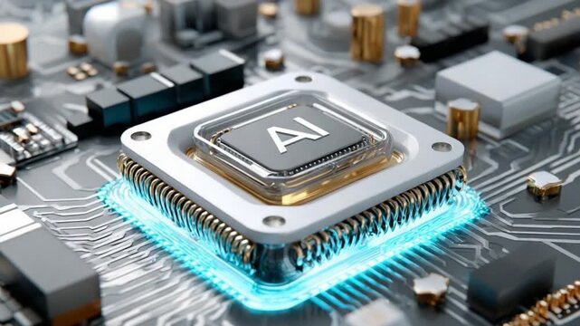 Intelligent Chip: An illuminating close-up showcases a powerful computer chip, signifying advanced artificial intelligence and technological innovation, against a vibrant, illuminated circuit board.