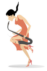 Beautiful saxophonist woman in red dress. Isolated on white background