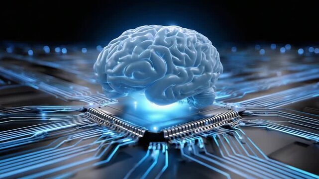 Mind-Machine Fusion: The human brain, bathed in an ethereal glow, merges seamlessly with the intricate circuitry of a microchip.