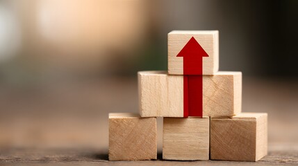 Stacked wooden blocks show an upward red arrow symbolizing growth and success