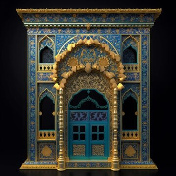 Door Design Indian and Arabic Style Blue Golden Color Black Background Minimalist LED Wall VJ Created with Generative AI Technology	