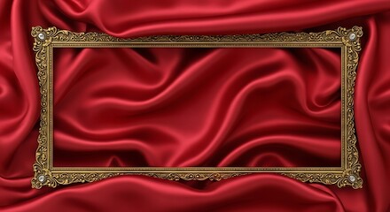 Elegant Golden Frame on Luxurious Red Silk Fabric Background.