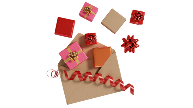 Surprise gifts and festive ribbons spilling from an open envelope, capturing the joy of unexpected presents and celebrations.