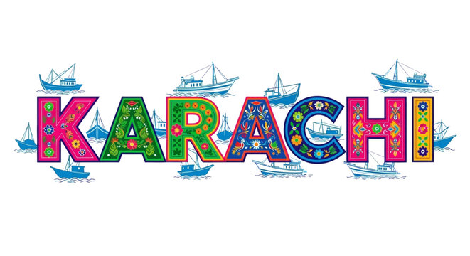 Decorative Karachi typography with vibrant floral patterns and fishing boats illustration
