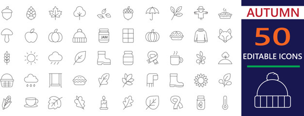 A cozy autumn thin icon set designed in clean vector style. Perfect for fall, nature, seasonal, and thanksgiving projects.