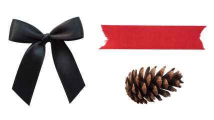 Elegant black satin bow, vibrant red ripped ribbon, and detailed pine cone for festive holiday or memorial designs