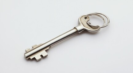 A metallic key on a plain background