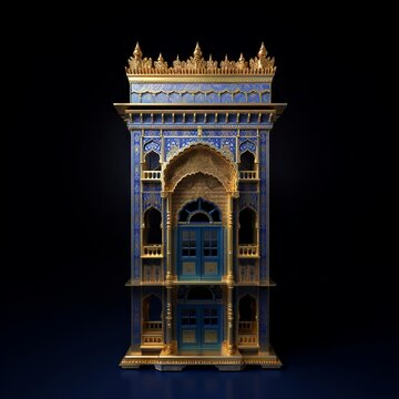 Door Design Indian and Arabic Style Blue Golden Color Black Background Minimalist LED Wall VJ Created with Generative AI Technology	