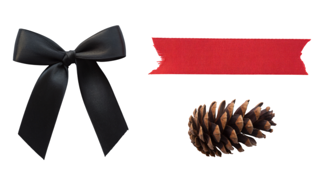 Elegant black satin bow, vibrant red ripped ribbon, and detailed pine cone for festive holiday or memorial designs