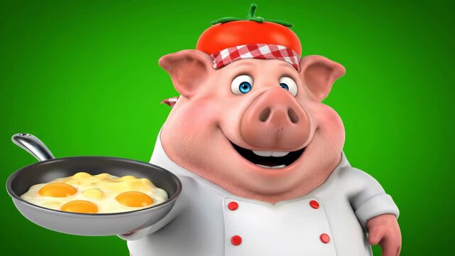 Animated Pink Pig Chef with Frying Pan of Eggs Against Green Background With Red and White Hat