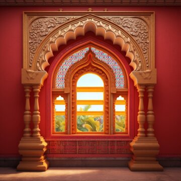 Door Design Indian and Arabic Style Red Golden White Color LED Wall VJ Created with Generative AI Technology	