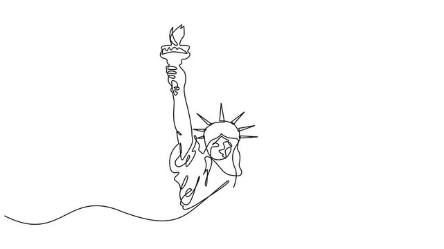 Animated self drawing of single continuous line draw Liberty Statue. Holiday vacation home decor wall art poster print concept. Full length motion