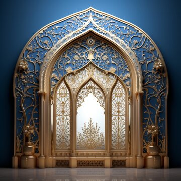 Window Design Indian and Arabic Style Blue Golden Color LED Wall VJ Created with Generative AI Technology	
