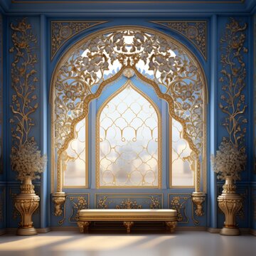 Window Design Indian and Arabic Style Blue Golden Color LED Wall VJ Created with Generative AI Technology	