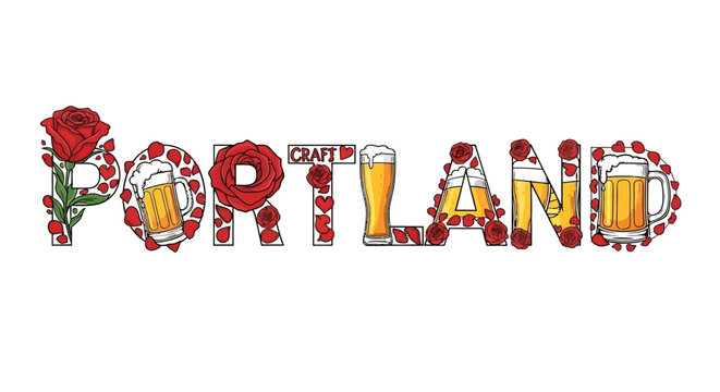 Illustration of Portland sign decorated with red roses and beer glasses