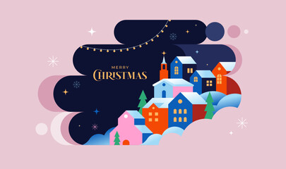 Winter town colorful geometric Christmas background.