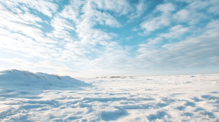 Obraz premium Expansive white terrain covered with fresh snow stretches beneath a bright blue sky filled with wispy clouds.