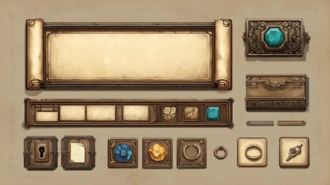 Vintage game ui elements with stone buttons scrolls and icons