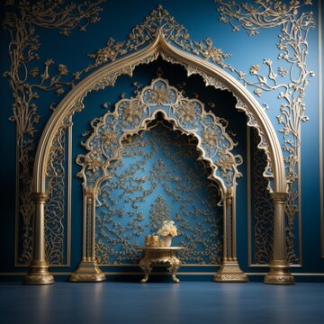 Door Design Indian and Arabic Style Blue Golden Color LED Wall VJ Created with Generative AI Technology	