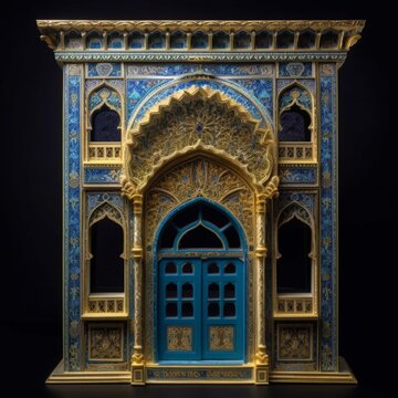 Door Design Indian and Arabic Style Blue Golden Color Black Background Minimalist LED Wall VJ Created with Generative AI Technology	