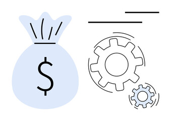 Money bag with dollar sign and mechanical gears in motion. Ideal for finance, business growth, economy, innovation, development, investment, automation. Simple flat metaphor
