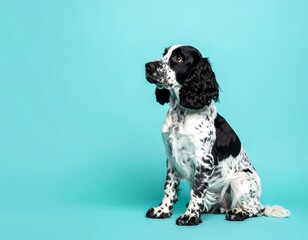 A speckled dog sitting against a bright, cyan-colored background