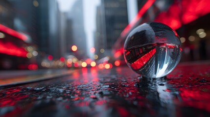 Clear sphere reflects inverted city traffic and red lights on wet pavement surface