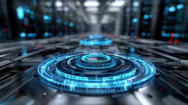 Futuristic Technology Hub: A close-up shot of a sleek, futuristic technology hub, featuring glowing blue circular interfaces and intricate circuitry.