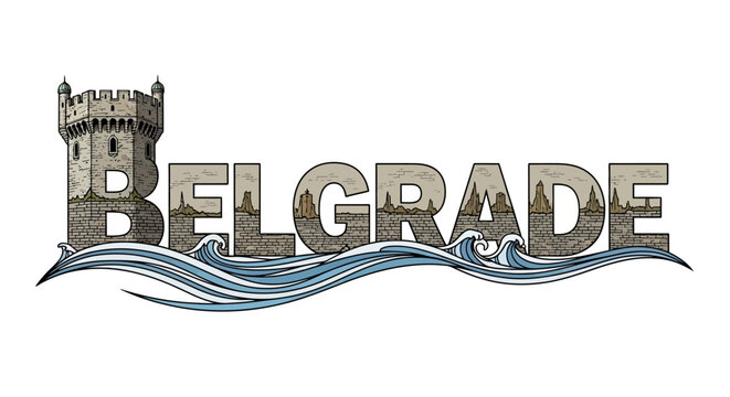 Illustration belgrade city with landmark tower and river waves design