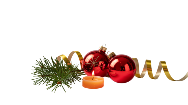 Warm flickering candle casts a festive glow on shiny red Christmas ornaments and a pine sprig, ready for holiday decorating projects