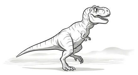 Obraz premium A detailed black and white illustration of a fierce Tyrannosaurus Rex dinosaur, depicted in a dynamic pose, set against a minimalist backdrop