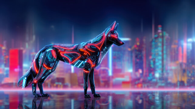 Futuristic robotic wolf illuminated with neon lights against a city skyline, showcasing advanced technology and digital artistry