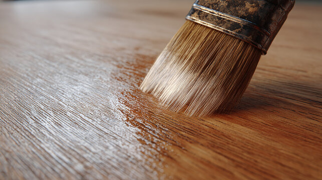 A close-up shot of a paintbrush applying varnish to a wooden surface, highlighting the process of woodworking and craftsmanship