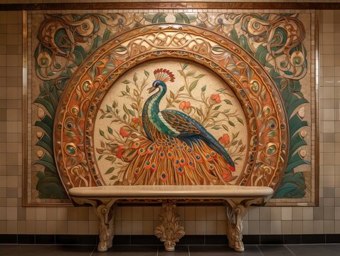 wall background design of peacock sculpture Created with Generative Ai Technology