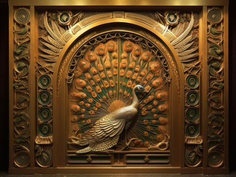detailed peacock sculpture on an old ancient door or wall background Created with Generative Ai Technology