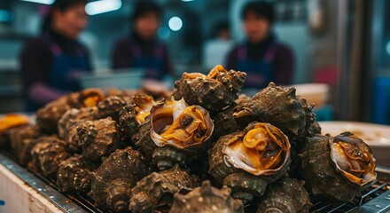 Freshly harvested sea snails displayed at a bustling seafood market stall.