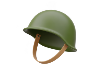 Green military helmet with leather strap, isolated on transparent background