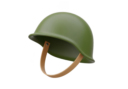 Green military helmet with leather strap, isolated on transparent background