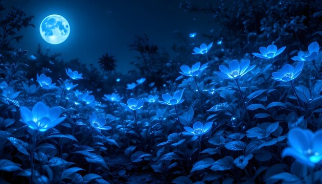 &ldquo;Blue bioluminescent garden glowing under moonlight, with transparent flowers and silver leaves.&rdquo;
