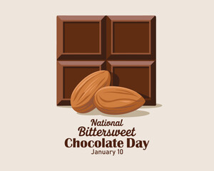 National Bittersweet Chocolate Day vector. Dark chocolate bar and almonds icon vector. January 10.