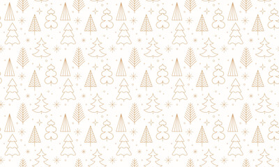Seamless winter background pattern with linear Christmas trees and snowflakes.