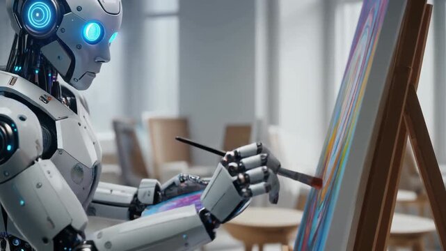 Humanoid AI robot is painting on canvas - generative AI art concept
