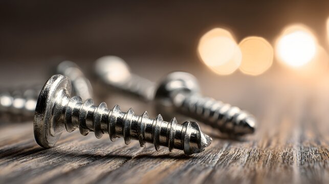 Close up view showcases several metallic fasteners resting on a textured wooden surface with soft background lighting