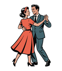 A couple dances joyfully together in a retro-style illustration.