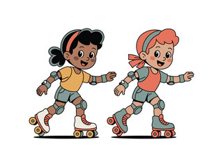 Two smiling children enjoying roller skating with protective gear on a white background