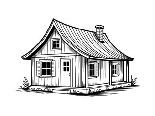 A charming, rustic cottage with a steep, gabled roof sits surrounded by grass.