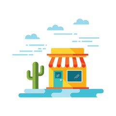 Obraz premium Stylized illustration of a vibrant small shop with an awning and cactus, symbolizing local commerce in a modern desert setting